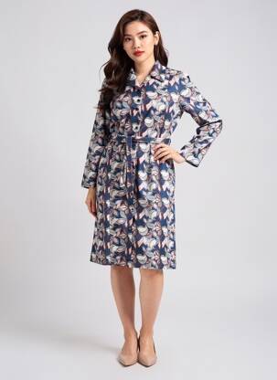 Rochie midi imprimeu fantezie mâneci lungi albastru VALMODE femme