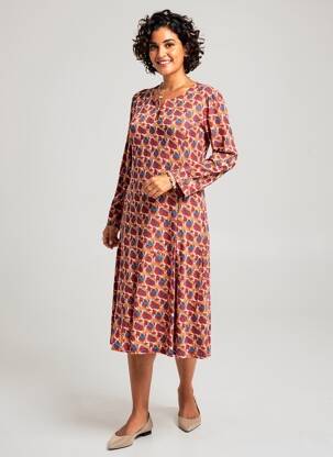 Rochie midi imprimeu fantezie mâneci lungi portocaliu GEVANA femeie