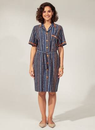 Rochie midi imprimeu fantezie mâneci scurte albastru FRANCE RIVOIRE femeie