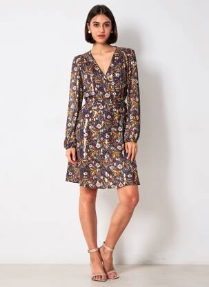 Rochie midi imprimeu floral mâneci lungi albastru MAJOLICA femeie