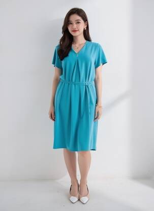 Rochie midi țesătură crep mâneci scurte albastru LOURDES CASTILLO femeie