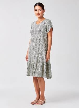 Rochie midi imprimeu fantezie mâneci scurte bej TELMAIL femme