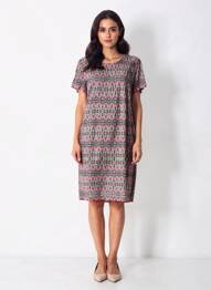 Rochie midi imprimeu fantezie mâneci scurte roz GEVANA femme