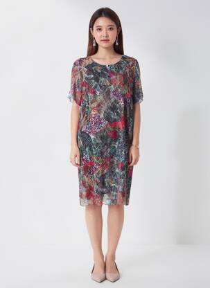 Rochie midi croială fluidă mâneci scurte negru GEVANA femeie