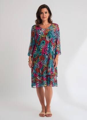 Rochie midi croială fluidă mâneci 3/4 albastru FRANCE RIVOIRE femeie