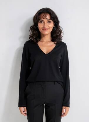 Pulover guler în v mâneci lungi negru MAJESTIC FILATURES femeie