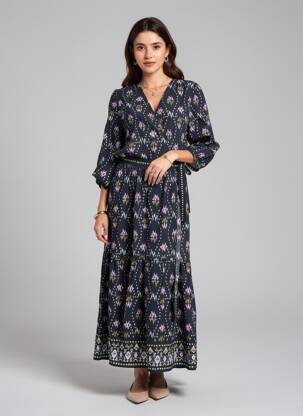 Rochie lungă imprimeu fantezie mâneci 3/4 albastru BA&SH femeie