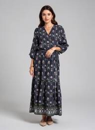 Rochie lungă imprimeu fantezie mâneci 3/4 albastru BA&SH femme