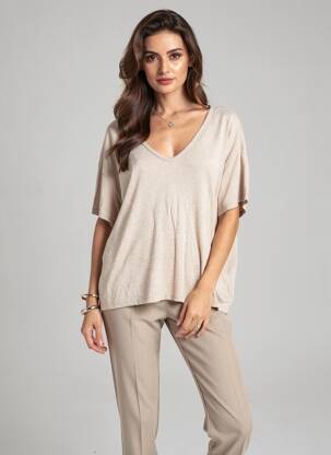 Tricou croială dreaptă mâneci scurte bej MAJESTIC FILATURES femeie