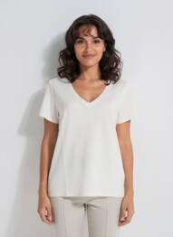 Tricou guler în v mâneci scurte bej MAJESTIC FILATURES femme