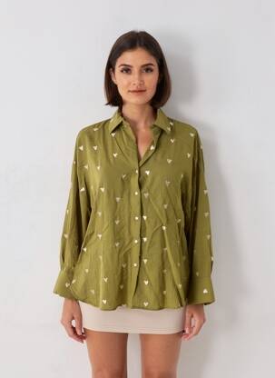 Cămașă croială dreaptă mâneci lungi verde MELYA MELODY femeie