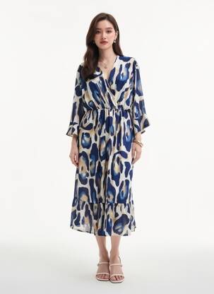 Rochie midi croială fluidă mâneci lungi albastru 2W PARIS femeie