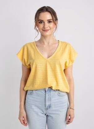 Tricou guler în v mâneci scurte galben C'EST BEAU LA VIE femeie