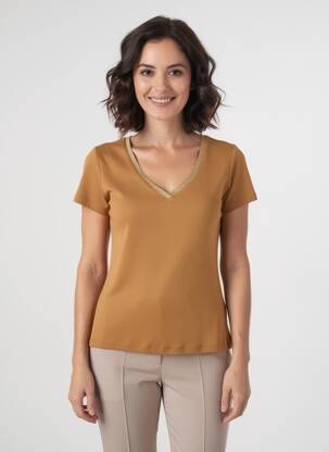 Tricou guler în v mâneci scurte maro C'EST BEAU LA VIE femeie