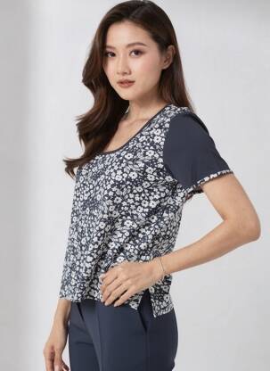 Tricou imprimeu fantezie mâneci scurte albastru FRANCE RIVOIRE femeie