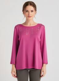 Tricou serigrafie cu strasuri mâneci 3/4 violet DIANE LAURY femme
