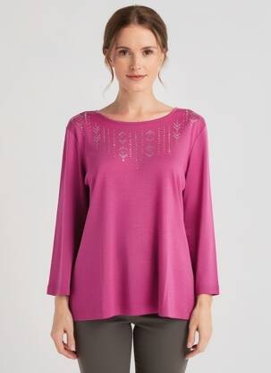 Tricou serigrafie cu strasuri mâneci 3/4 violet DIANE LAURY femme