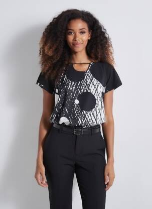 Tricou imprimeu fantezie mâneci scurte negru TELMAIL femeie