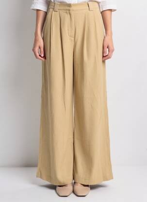 Pantalon larg țesătură crep mărime normală bej SEE U SOON femeie