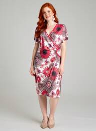 Rochie midi imprimeu floral mâneci scurte roz JUMFIL femeie