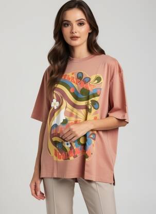 Tricou imprimeu fantezie mâneci scurte portocalie ROSE GARDEN femeie