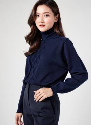 Pulover cu guler înalt elasticitate mâneci lungi albastru PULL & MAILLE femeie