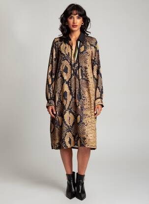 Rochie midi imprimeu fantezie mâneci lungi negru MAT. femeie