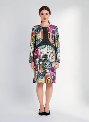 Rochie midi imprimeu fantezie mâneci lungi negru OLIVIER PHILIPS femeie