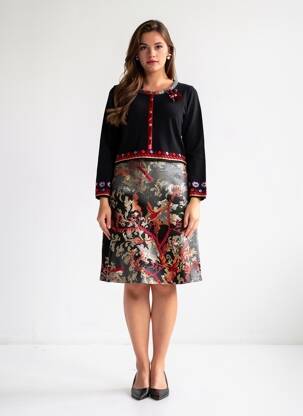 Rochie midi imprimeu fantezie mâneci lungi negru OLIVIER PHILIPS femeie