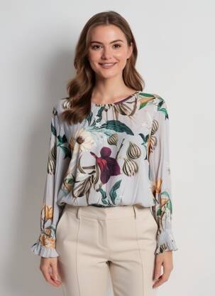 Bluză imprimeu floral mâneci lungi gri MADE IN ITALY femeie