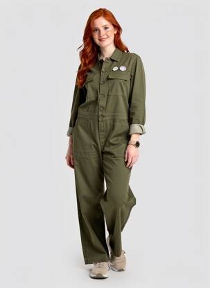 Salopetă-pantalon închidere cu nasturi pe față mâneci lungi verde HAPPY femeie