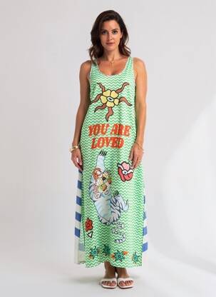 Rochie lungă imprimeu fantezie fără mâneci verde ME369 femme