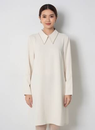 Rochie midi croială fluidă mâneci lungi bej TOUPY femeie