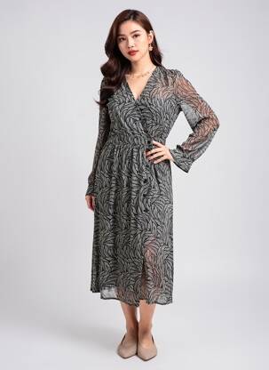 Rochie midi imprimeu fantezie mâneci lungi negru IDANO femeie