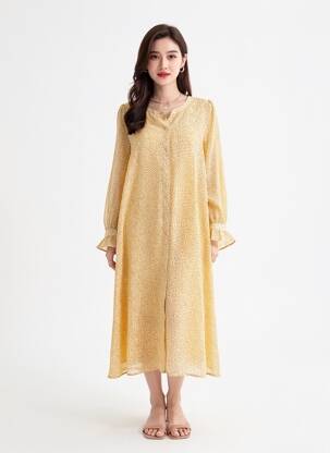 Rochie midi croială fluidă mâneci lungi bej ICHI femeie