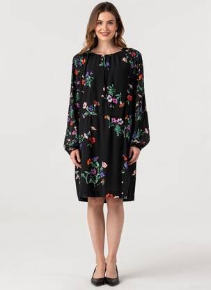 Rochie midi imprimeu floral mâneci lungi negru IDANO femeie