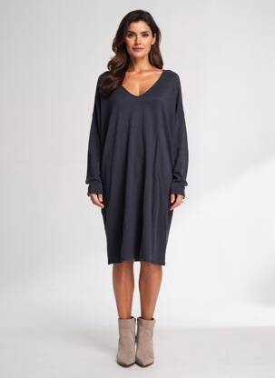 Rochie pulover guler în v mâneci lungi albastru MAJESTIC FILATURES femeie