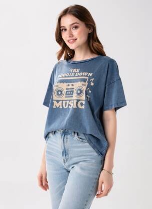Tricou croială dreaptă mâneci scurte albastru FIVE femeie