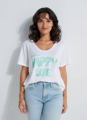 Tricou guler în v mâneci scurte alb HAPPY femeie