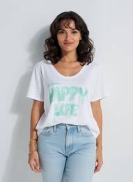 Tricou guler în v mâneci scurte alb HAPPY femeie