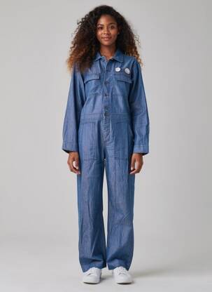 Salopetă-pantalon închidere cu nasturi pe față mâneci lungi albastru HAPPY femeie