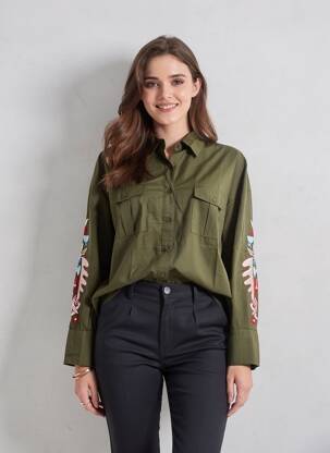 Cămașă croială cambrată mâneci lungi verde FIVE femeie