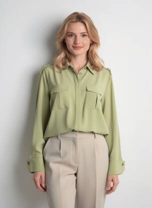 Cămașă țesătură crep mâneci lungi verde YAYA femeie