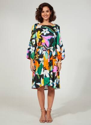 Rochie midi imprimeu fantezie mâneci lungi negru JOSEPH RIBKOFF femeie