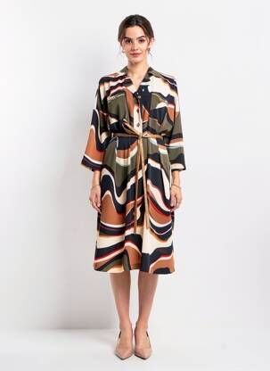 Rochie midi imprimeu fantezie mâneci lungi maro JOSEPH RIBKOFF femeie