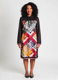Rochie midi imprimeu fantezie mâneci lungi negru DOLCEZZA femme