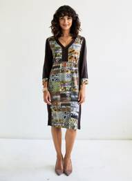 Rochie midi imprimeu fantezie mâneci lungi negru DOLCEZZA femme