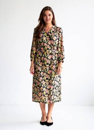Rochie midi imprimeu floral mâneci lungi negru CAVITA femeie