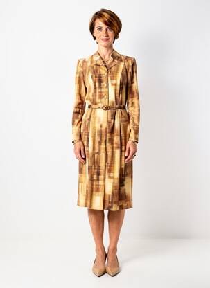 Rochie midi imprimeu fantezie mâneci lungi maro LISA CHESNAY femeie