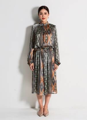 Rochie midi croială fluidă mâneci lungi gri SUMMUM femeie